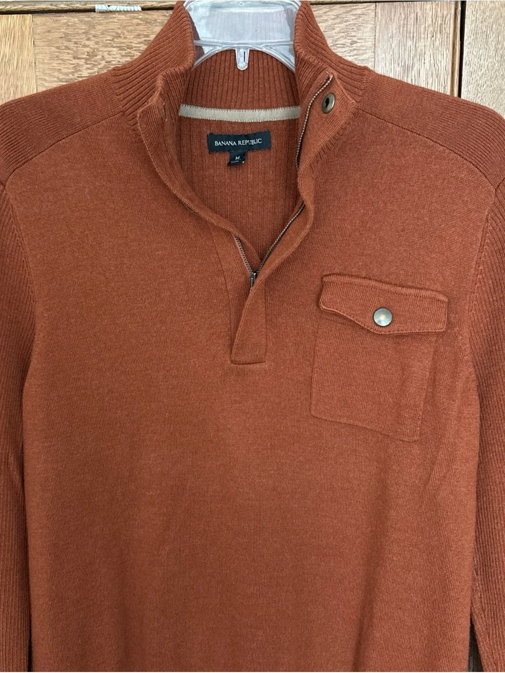 Banana Republic Men's Rust Zip-Neck Sweater with Snap Pocket Fine Merino Wool